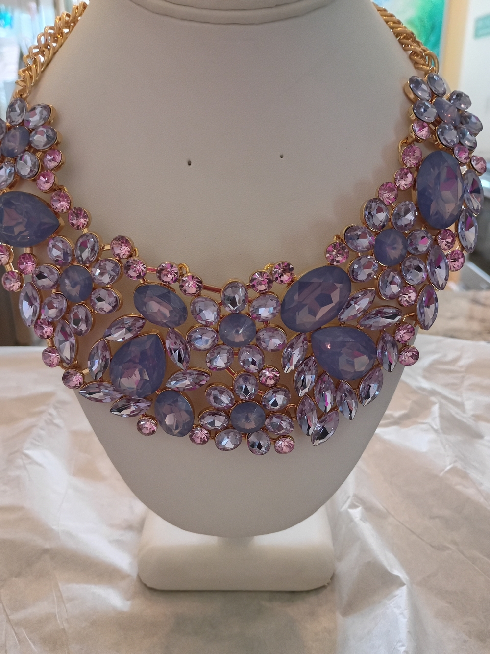 Gold-Tone Floral Cluster Necklace with Lavender and Pink Crystals Beautiful!